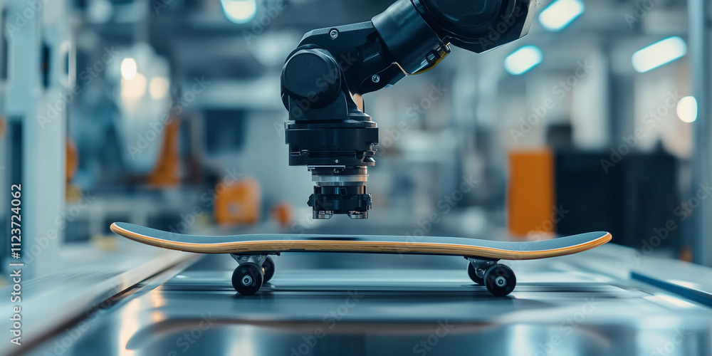Poster robotic arm precisely assembling skateboard in modern industrial factory, showcasing advanced automa