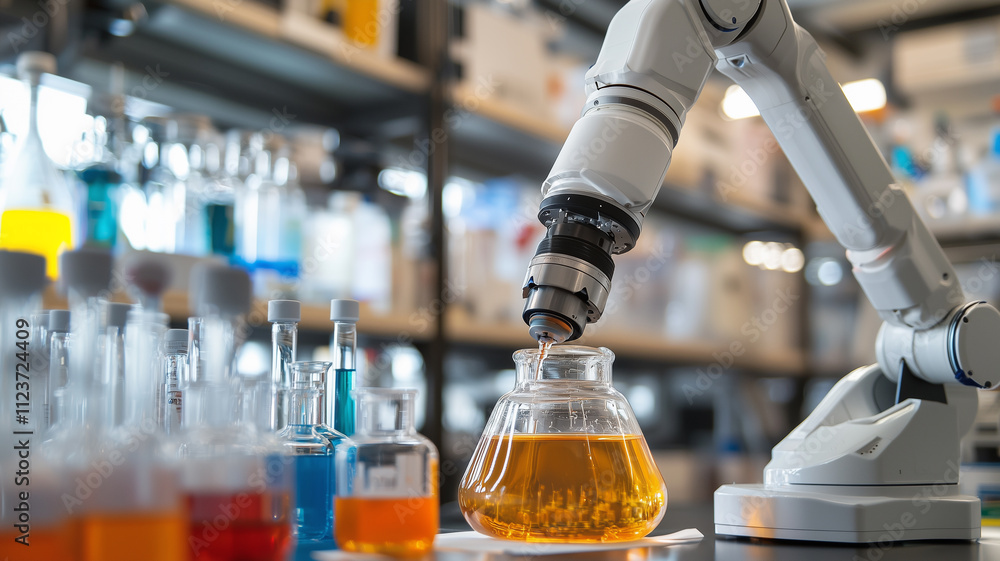 Aufkleber robotic arm precisely mixes chemicals in laboratory setting, surrounded by glassware and colorful li