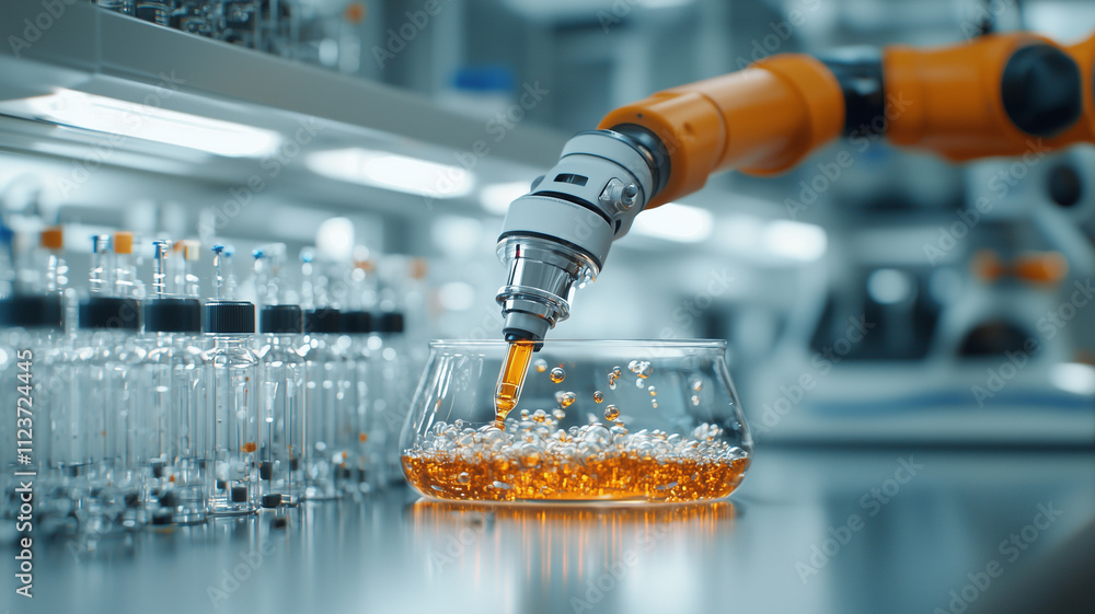 Poster robotic arm precisely mixes chemicals in laboratory setting, surrounded by glassware and advanced eq