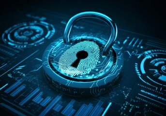 Glowing blue digital fingerprint holograms hovering above a global network of connected nodes representing secure authentication and verification for blockchain based cryptocurrency transactions