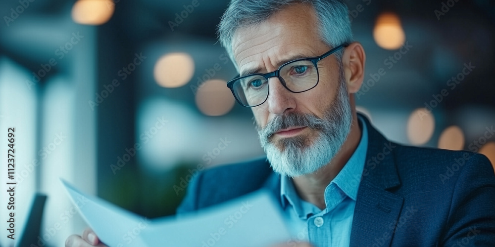 Poster focused businessman with glasses and gray beard reviews documents in modern office setting, illumina