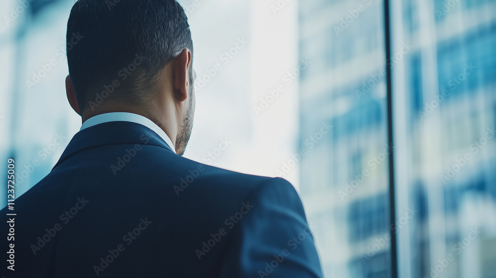 Aufkleber businessman in suit gazes thoughtfully out of large window, overlooking modern cityscape. image conv