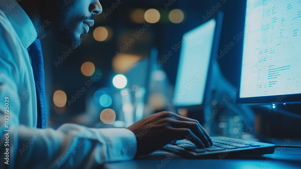 Poster focused businessman working on computer in dimly lit office, with glowing screens and blurred lights