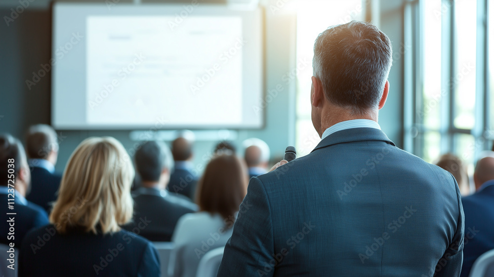 Poster businessman in suit speaks into microphone while addressing audience in conference room, with presen