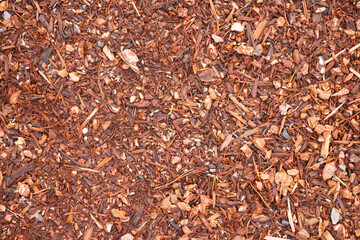 Fototapeta premium Red bark mulch laying on a flat surface