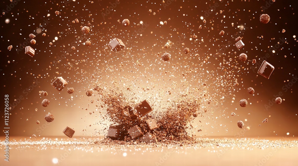 Poster an abstract explosion of shimmering particles and cubes against a warm, brown background, creating a