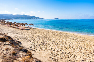 View of sandy Plaka beach and blue sea, Naxos island, Cyclades, Greece