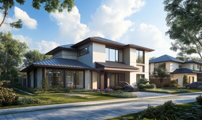 A residential house with a standing seam metal roof, featuring modern architecture and a serene suburban setting.