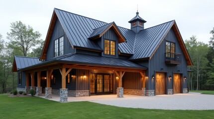 Modern Gable Barn Home with Multi-Pitched Roof and Dark Board and Batten Siding