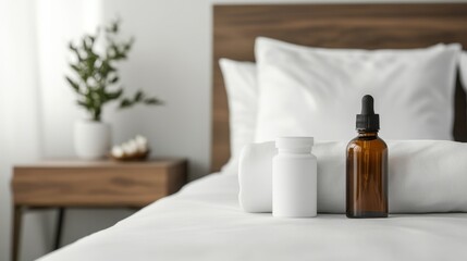 Sleep aid products neatly arranged on a bedside table, promoting relaxation and restful sleep for a peaceful night's slumber.