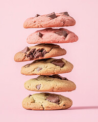 Indulgent cookie stack showcasing the vibrant colors and textures of red velvet, matcha, and nutella delights against a playful pink backdrop
