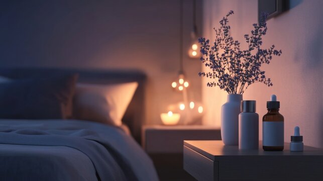 Sleep aid products neatly arranged on a bedside table, promoting relaxation and restful sleep for a peaceful night's slumber.