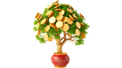 A lush green bonsai tree laden with golden coins, symbolizing financial prosperity and growth.  A vibrant image representing wealth and abundance.