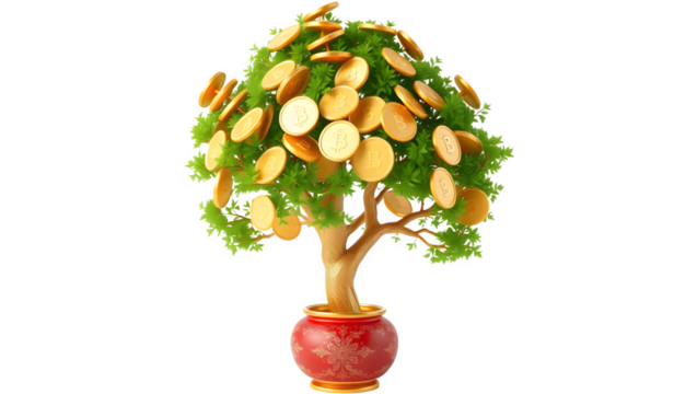 A lush green bonsai tree laden with golden coins, symbolizing financial prosperity and growth. A vibrant image representing wealth and abundance. - Powered by Adobe