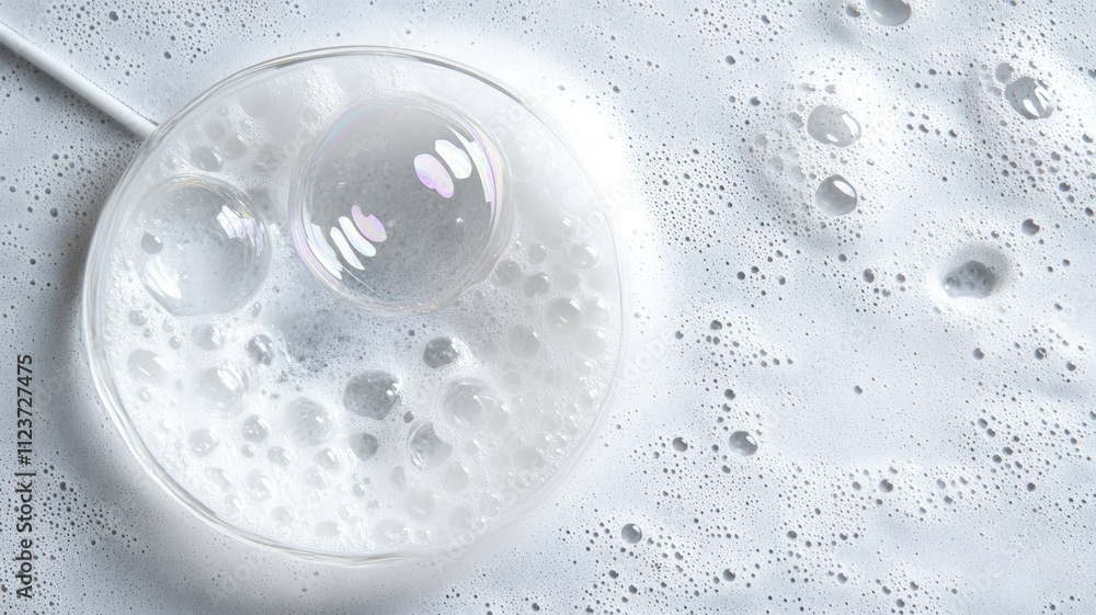 Poster soapy bubble on white foam surface with reflections and patterns