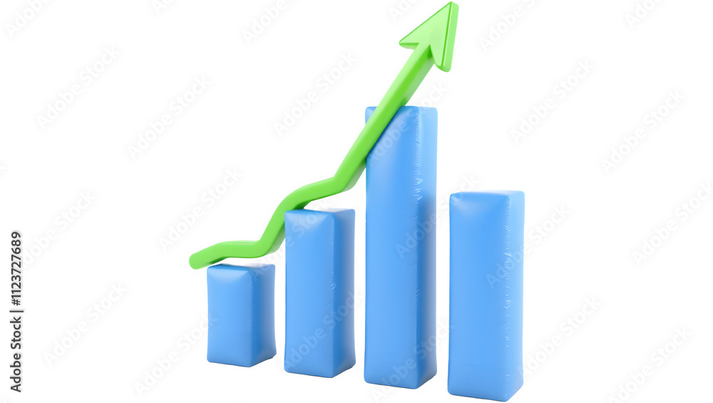 Poster 3d render of a bar graph showing growth. blue bars increase in height, topped by a bright green arro
