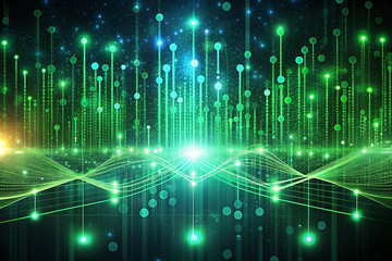 Abstract green and blue digital wave background with glowing particles and lines.