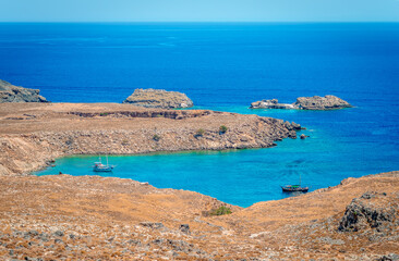 Scenic landscape in Rhodes Island, north of Lindos, in Dodecanese, Greece.