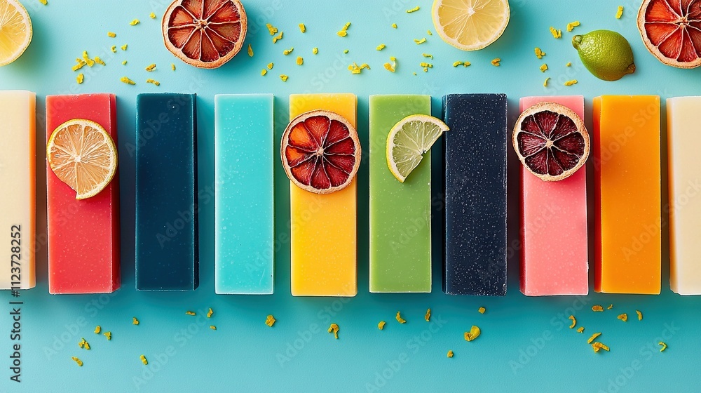 Poster row of differently colored soap bars with lemons and grapefruits surrounding them on a blue backgrou
