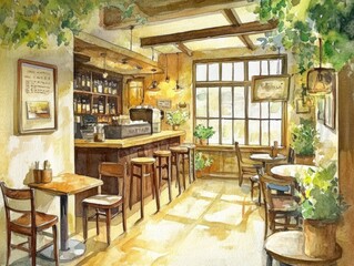 Fototapeta premium Sunlit cafe, wooden tables, chairs, plants.