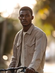 Fototapeta premium Image of young african man early morning with bicycle walking outdoors. Looking aside.