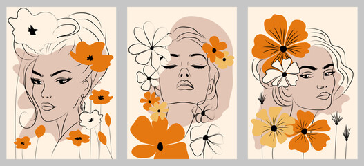 A hand-drawn abstract portrait of a woman. A set of colorful posters. Vector icon of people. For postcards, wall art, posters, covers, packaging, web.