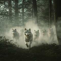 Wolf pack running through forest with mist and dense trees