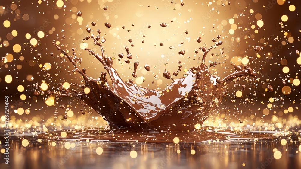 Poster a captivating splash of chocolate surrounded by shimmering golden droplets, creating an alluring and