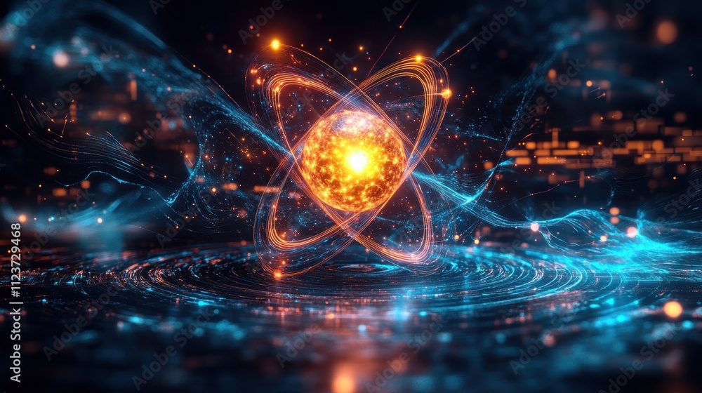 Poster abstract representation of an atom with glowing particles and waves.