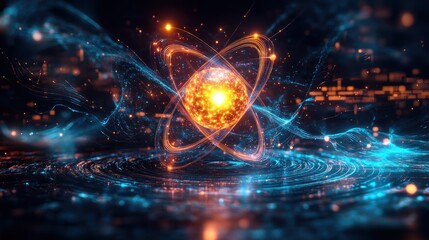 Obraz premium Abstract representation of an atom with glowing particles and waves.