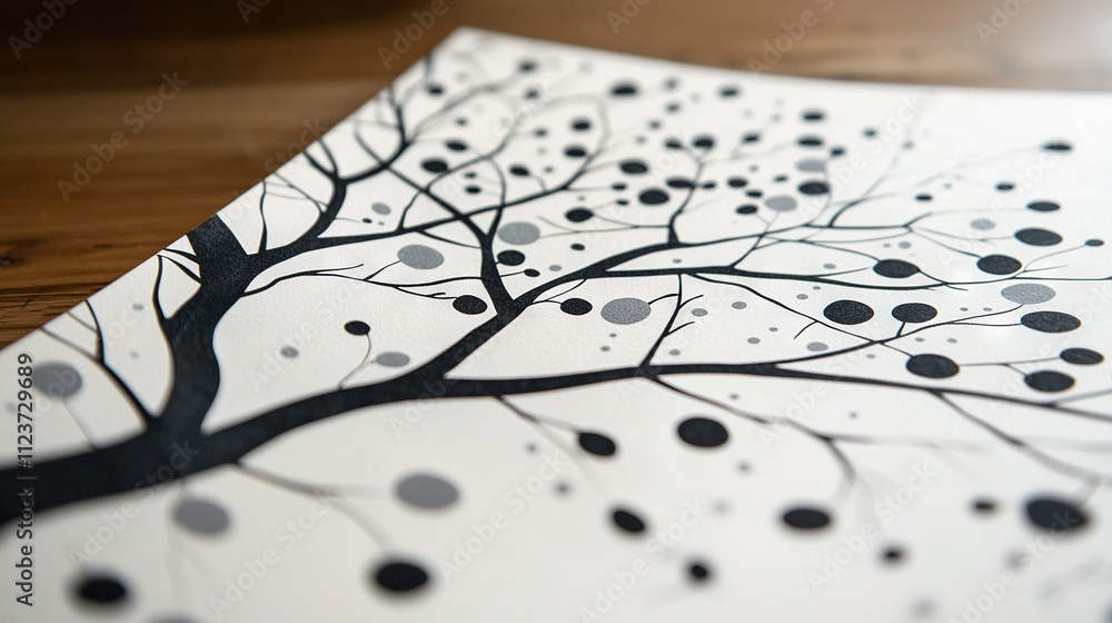 Aufkleber a monochromatic depiction of a tree with circles at its base on paper