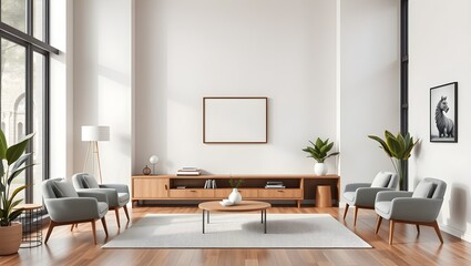 Modern living room with gray armchairs, light wood furniture, and large windows, creating a bright and airy space.