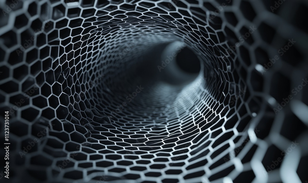 Poster a conceptual technology tunnel constructed from hexagonal mesh is displayed against a black backdrop