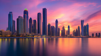 Obraz premium City skyline at sunset with reflection. City skyline at sunset. 