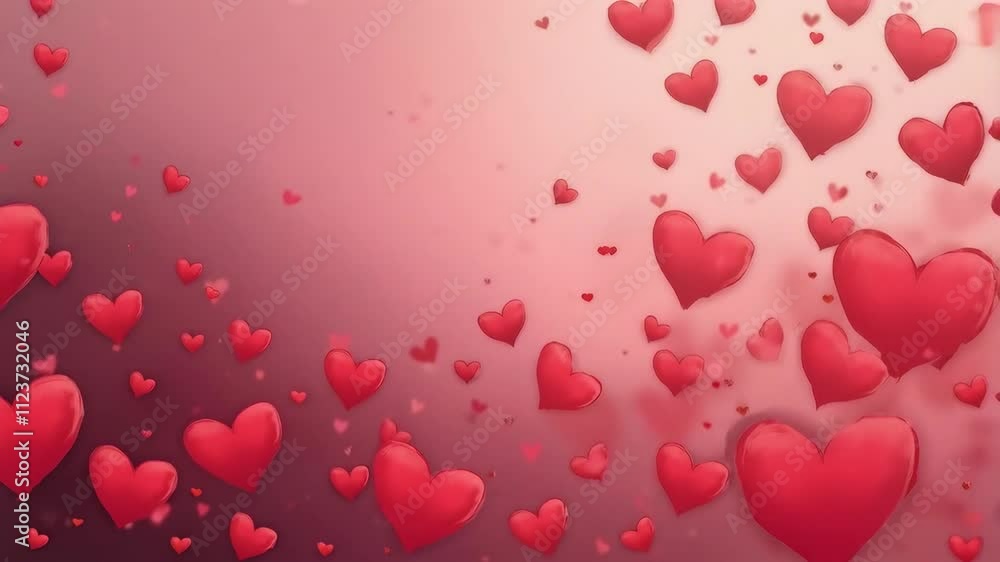 Poster a red background with many hearts scattered around it. the hearts are of different sizes and are pla