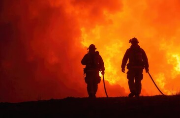 Obraz premium silhouette of firefighters, after extinguishing the fire, carrying out fire extinguishing duties