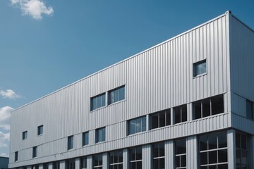Obraz premium industry warehouse factory building with aluminium metal texture on exterior wall against blue sky, modern architecture white corrugated steel rooftop storage facade in minimal geometric background