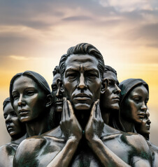 Fototapeta premium Unity standing together, monument bronze statue, headshot of group of people men and woman, hands on the chin, tough rough look, propaganda soviet republics, communist era cold war