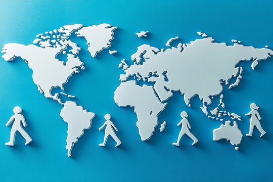 Minimalist World Map Highlighting Human Migration on a Blue Background - Powered by Adobe