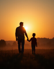 silhouette of dad and son holding hands walking away diminishing perspective walking on a meadow at sunset, happy fathers day concept