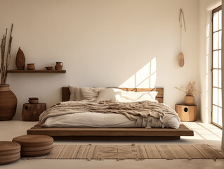 Modern nomadic interior bedroom. Modern tribal interior. Neutral colors and prairie style decor.