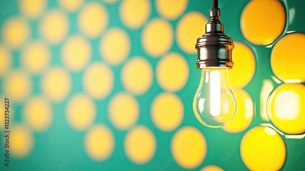 Poster a single light bulb dangles from the ceiling above a vibrant green and yellow wall adorned with mult