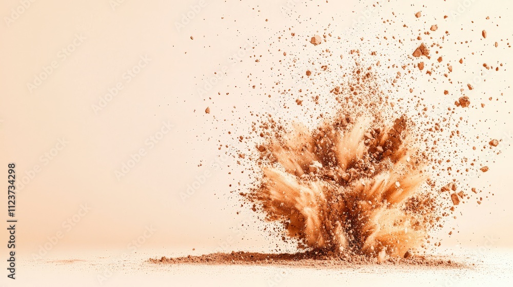 Poster a dynamic explosion of brown cocoa powders against a soft beige background, capturing motion and ene