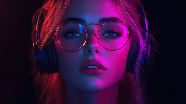 A fashionable woman listens intently through headphones, bathed in a vivid neon glow, exuding a modern, trendy vibe.