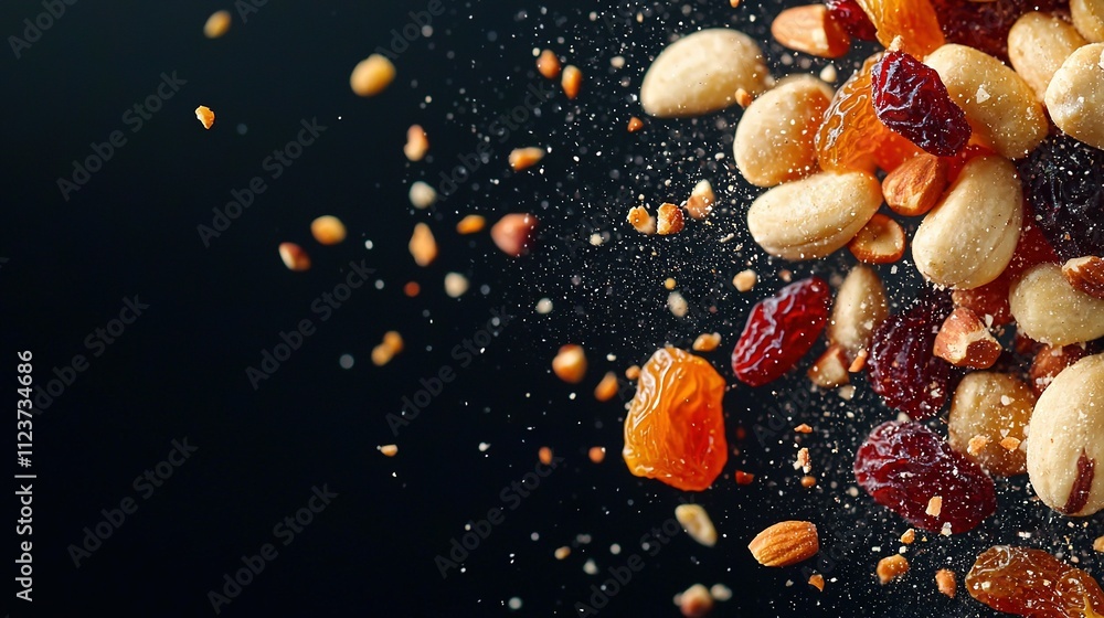Poster a photo of nuts and raisins on a black background with water splashed on top of them