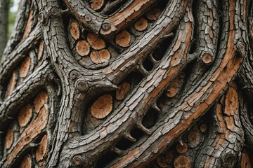 close-up of intricate patterns in the natural bark texture of a weathered tree, displaying a blend of colors and lines.