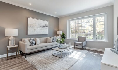 Fototapeta premium A freshly painted interior with a seamless blend of modern color choices. The walls are painted in soothing neutrals, accentuated feature wall in a living room,