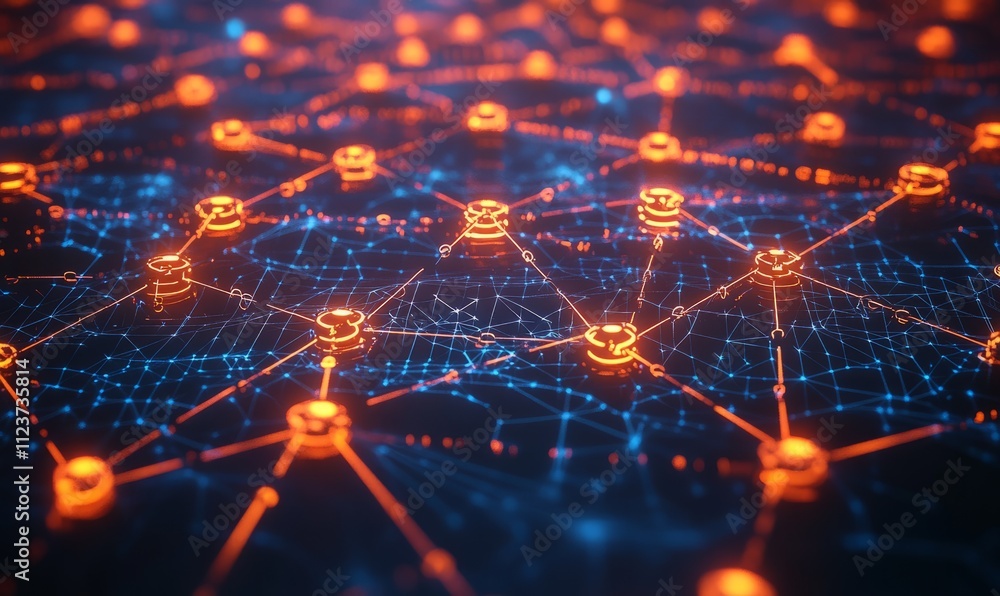 Poster a futuristic illustration of interconnected nodes in a social network, surrounded by a protective gr