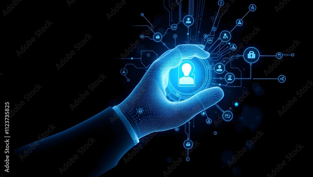 Poster a digital hand gently holds a glowing user profile icon, representing the power of modern technology