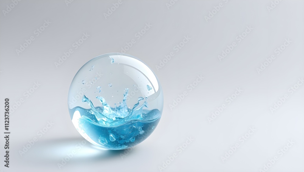 Poster crystal clear sphere filled with a splash of light blue water, creating a refreshing and serene imag